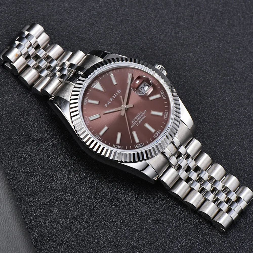Parnis 39,5 mm elegante bruine wijzerplaat automatisch herenpolshorloge roestvrijstalen band
