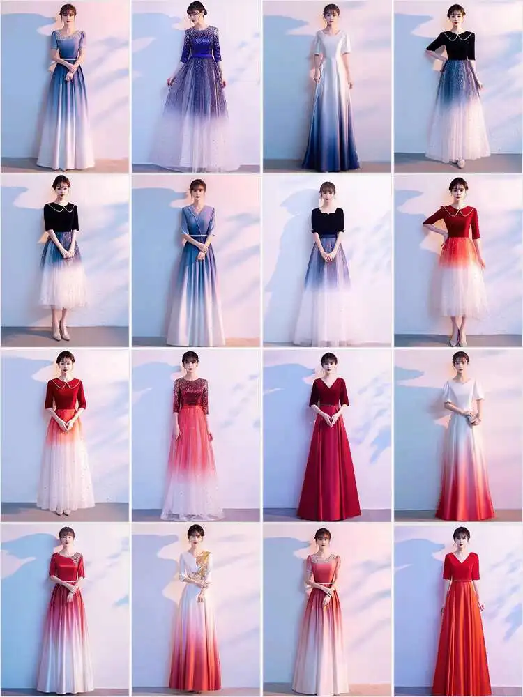 

New Chorus Perform Ceremonial Dress Gradient Temperament Competition Host Compere Emcee Anchorwoman Evening Dress Cosplay Cos