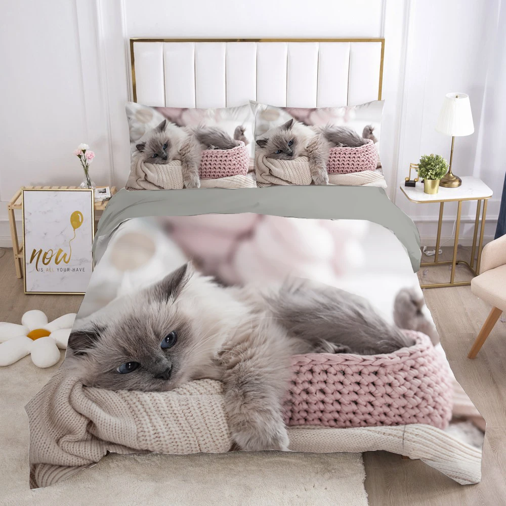 

Cat Duvet Cover Set Lovely Animal Kitten Printed Quilt Cover Kids Teens Girl Animal Double Queen King Size Polyester Bedding Set