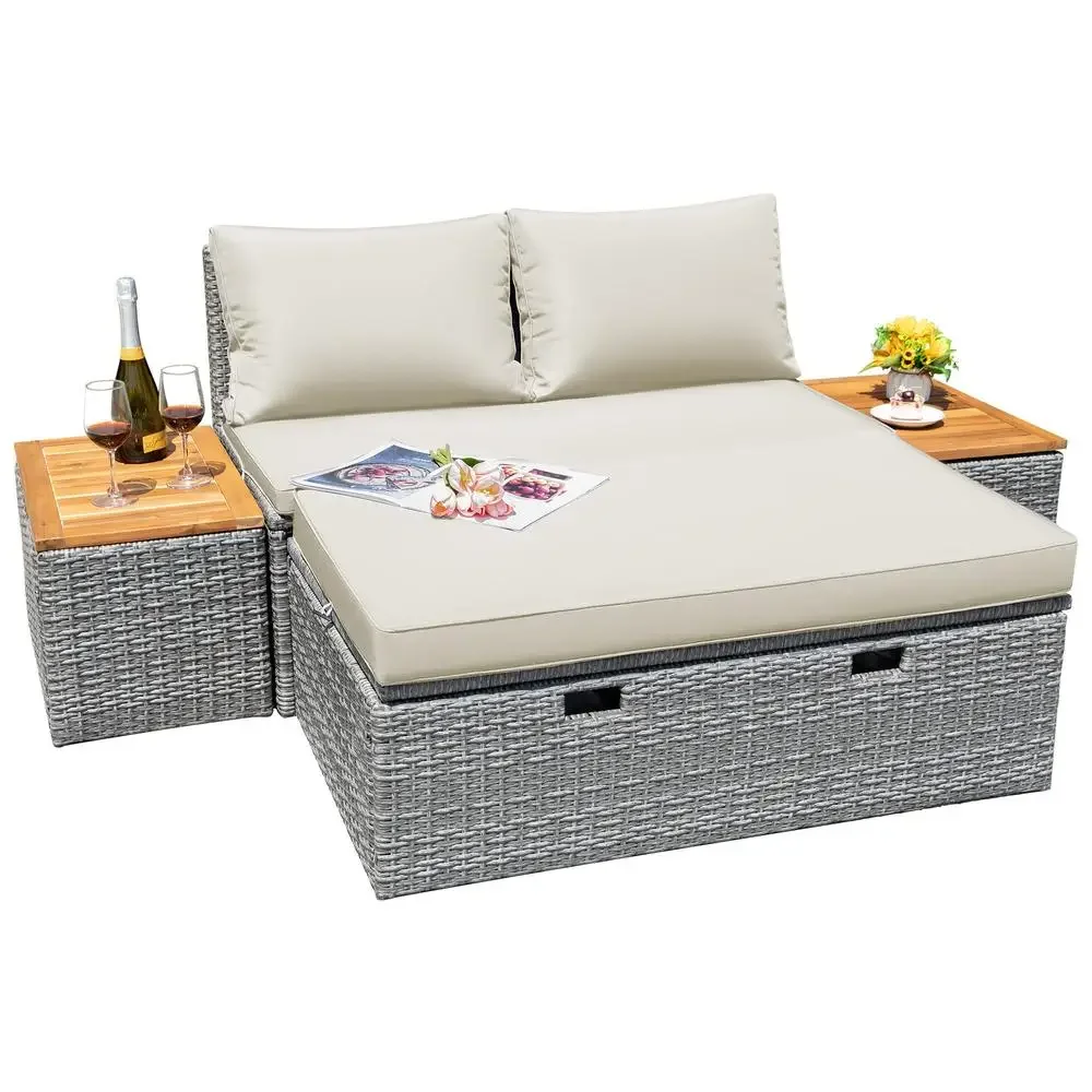 Multifunctional Patio Furniture Set Outdoor Rattan Sectional Sofa Cushions Storage Ottoman Coffee Table All-Weather Lounge