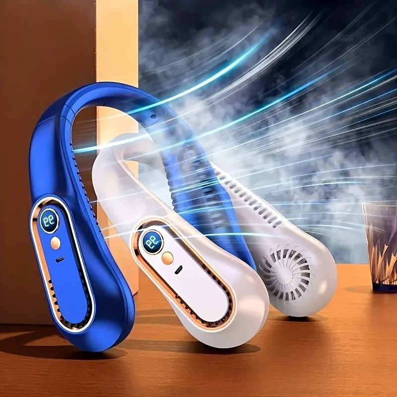 

1-piece set, bladeless suspended neck fan, portable USB rechargeable cooling fan, equipped with 5 wind speeds and digital displa