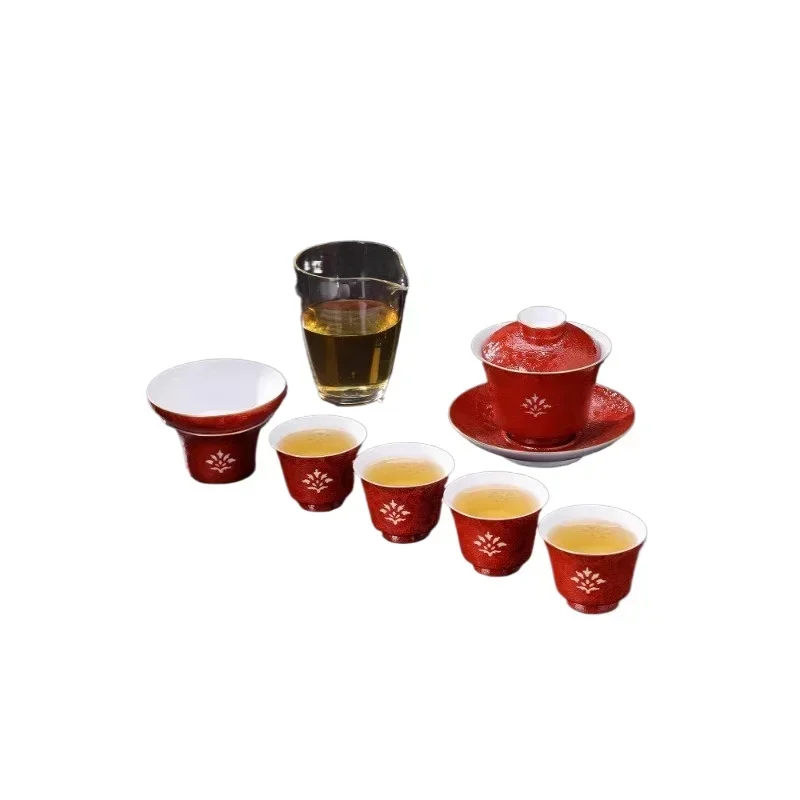 Handmade grilled flowers, exquisite ceramic tea set, teacup cover bowl set, wedding gift, high-end gift box.