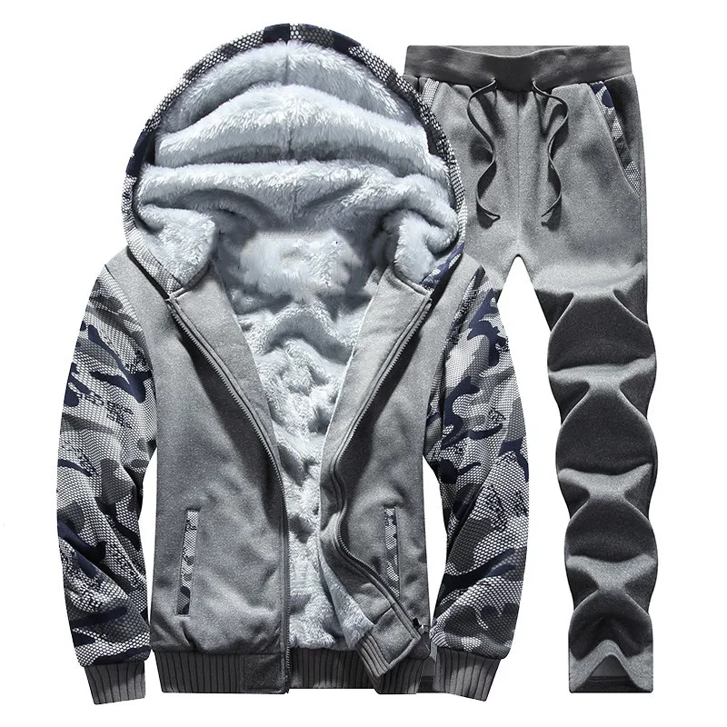 Men's Tracksuit Fleece Hooded Thickened Winter Outfit Zip Up Hoodie + Sweatpants 2 Piece Warm Outdoor Hiking Running Sports Set view 5