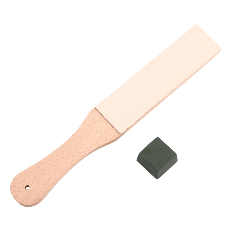 Wood Handle Leather Sharpening Strop Knife Razor Polishing Board With Polish Compound 2 Sided Made From Veg Tanned Cowhide