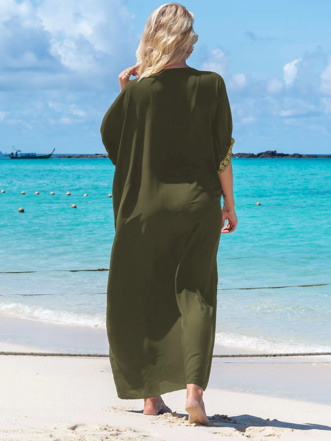 Haftowany strój kąpielowy damski narzutka okrycie plażowe Kaftan Plus Size Vneck tęcza etniczny nadruk Kaftan Batwing