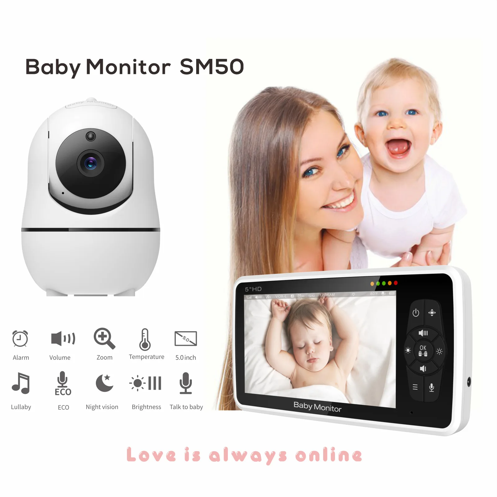 

5 inch Video Baby Monitor with Camera 4X Zoom 22Hrs Battery 1000ft Range 2-Way Audio Temperature Sensor Security Surveillance