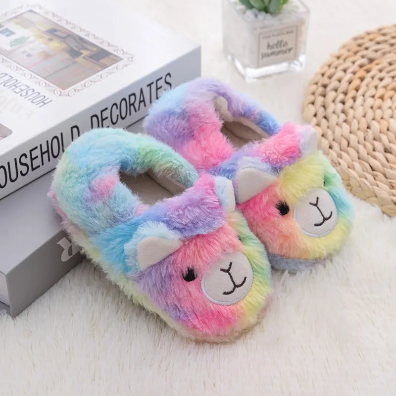 Toddler Girls Slippers for Winter Baby Boys Loafers Plush Warm Cartoon Alpaca Rubber Sole Home Shoes Kids House Indoor Footwear