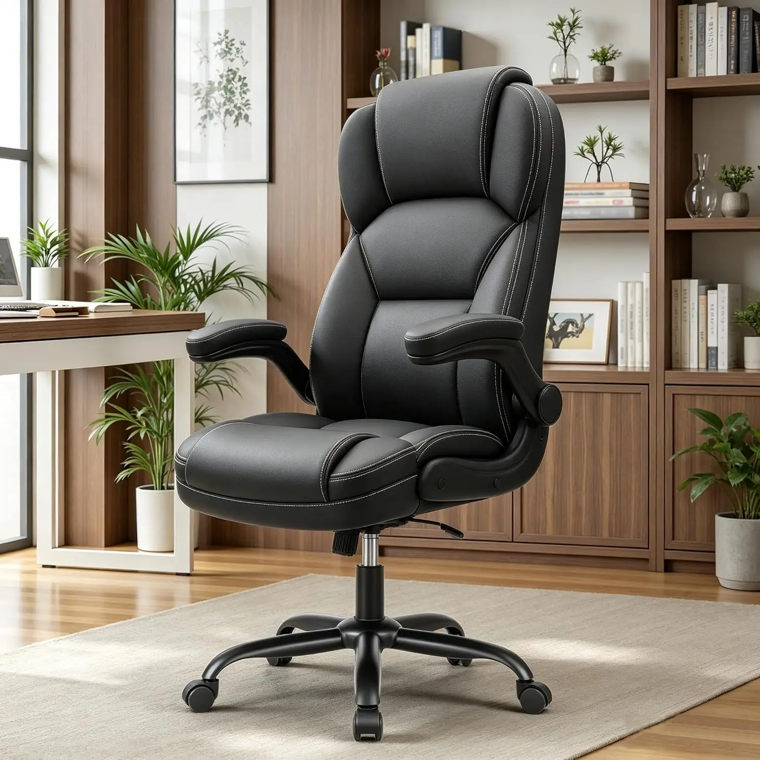 Ergonomic PU Leather Office Chair With Flip-up Armrests For Home & Work, Black, Customized