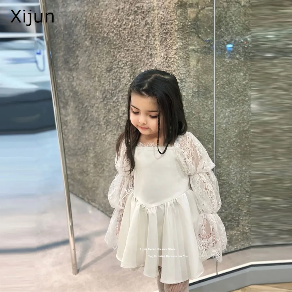 Xijun Princess Ivory Flower Girl Dresses Long Sleeves A-Line Cute Wedding Dresses For Kids Birthday Party Dresses 2026 Customize