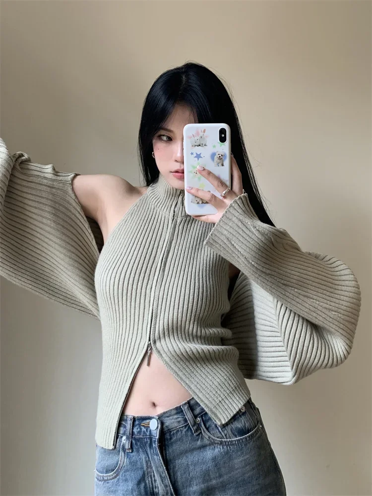 Fashion Two Piece Set for Women Cropped Cardigan Tunic Zipper Vest Outfits Y2k Clothing Korean Casual Knitting Sets Ropa Mujer