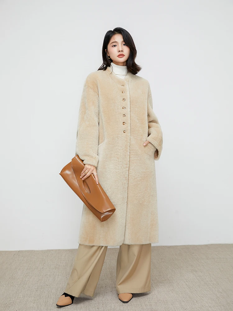 

High-end Luxury Merino Sheep Fur Long Furry Jackets for Women 2025 Simple Classic O-neck Winter Genuine Leather Real Fur Coat