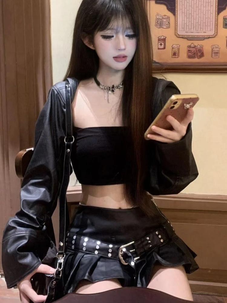 

Корейский популярный женский комплект из трех предметов High Street, осенний теплый комплект Y2k в стиле панк, хип-хоп, утягивающий талию, короткая юбка, комплект женской одежды