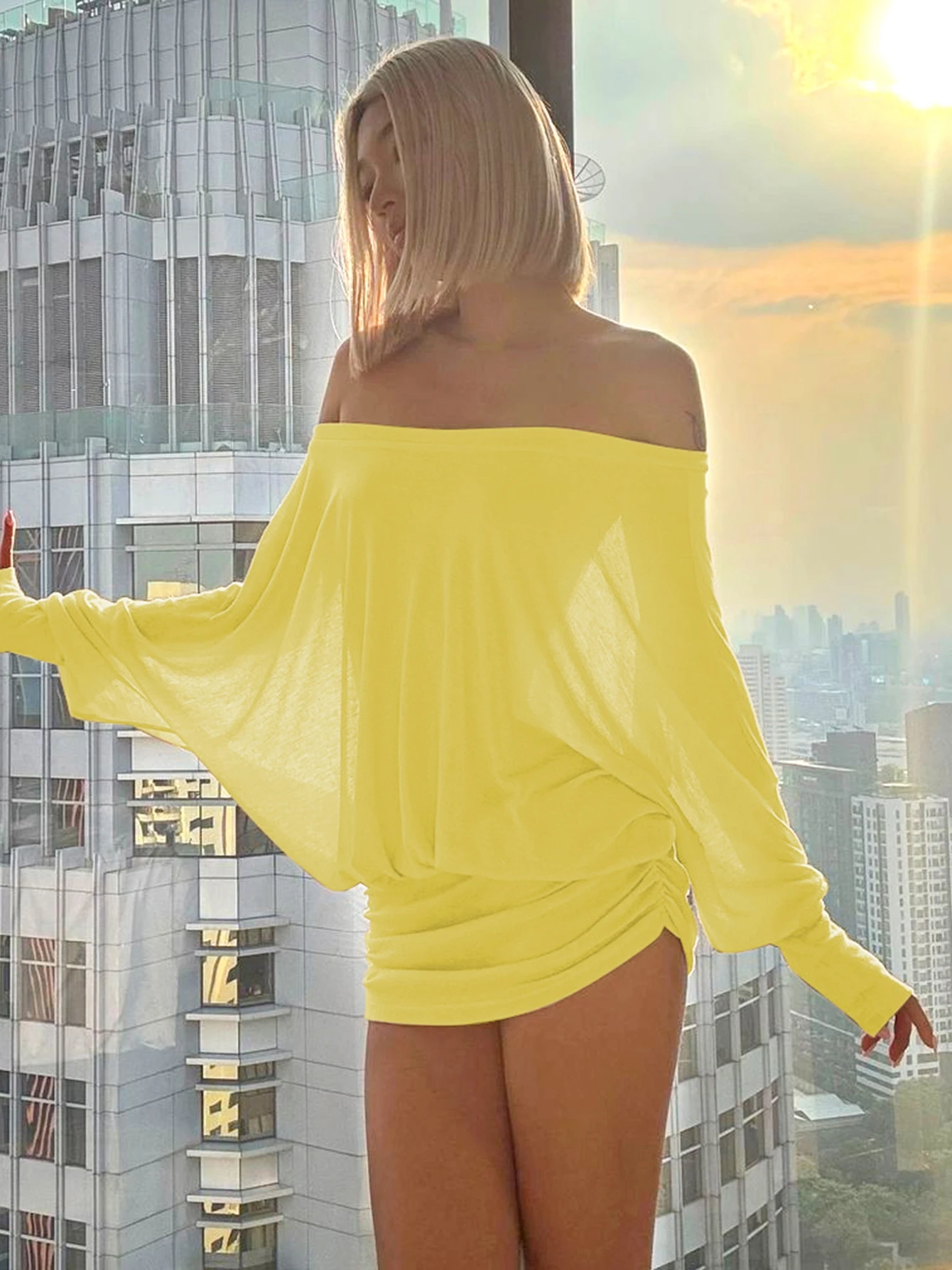 Dulzura Off Shoulder Long Sleeves Ruched Patchwork Mini Dress Women’S Sexy Elegant Casual Outfit Party Clubwear Spring Summer