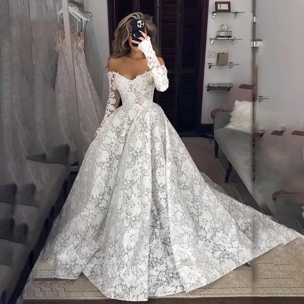 2026 Abiti da sposa eleganti in pizzo A-Line con spalle scoperte Abito da sposa a maniche lunghe Abito da sposa principessa Vestido De Noiva personalizzato