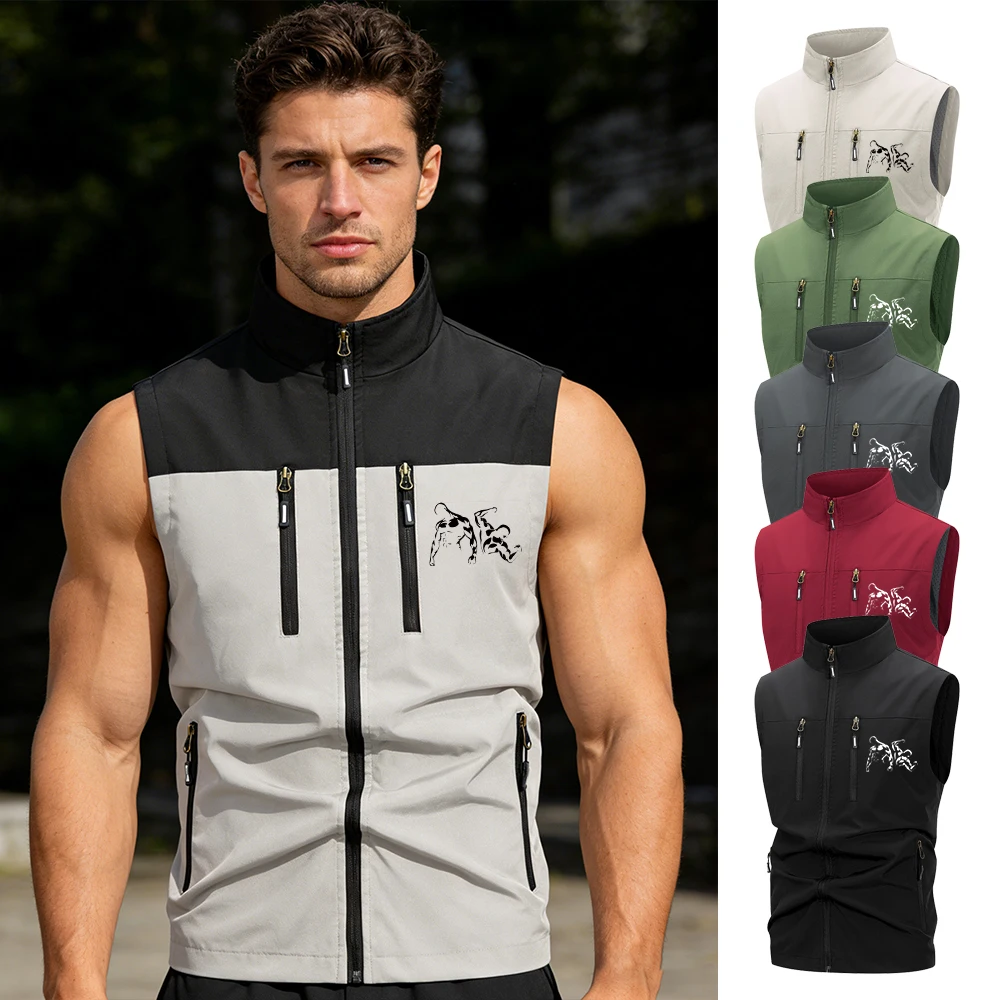 

Мужской спортивный жилет для активного отдыха, быстросохнущий, сетчатый, дышащий, стильный, с принтом, воротником-стойкой, на молнии, с карманами на молнии