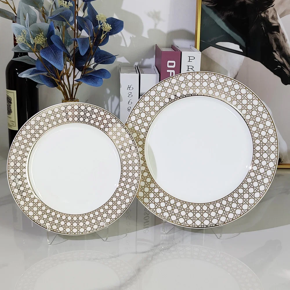 European Light Luxury Tableware Set Bone China Gold Grid Dessert Dinner Plates European Club Villa Restaurant Table Steak Dish