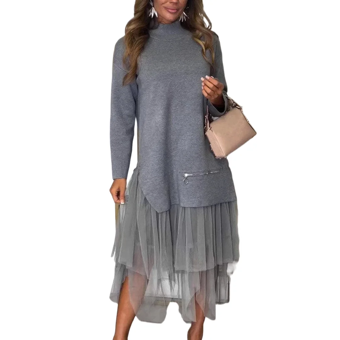 

New Lace Patchwork Sweatshirt Dress Fashion Solid Irregular Long Sleeve Dresses Autumn Winter Casual Loose Vestido Women's
