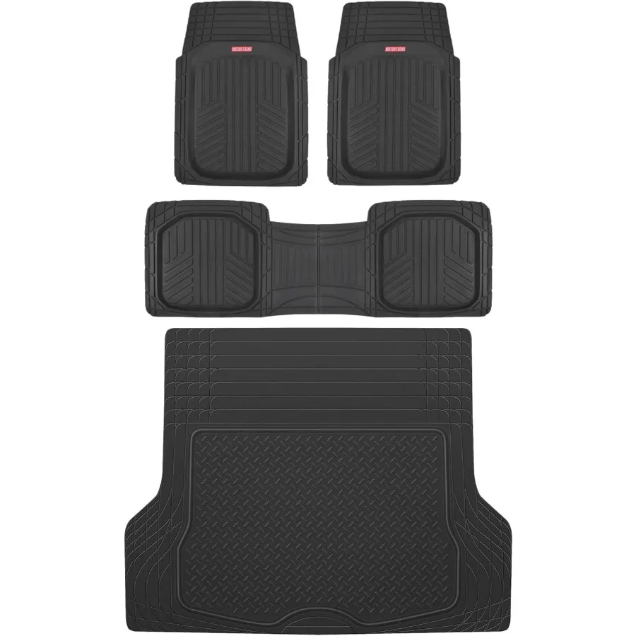 FlexTough Deep Dish Plus Rubber Car Floor Mats with Trunk Mat Cargo Liner Front Rear Combo Set for Most Cars SUV Vans Coupes Se