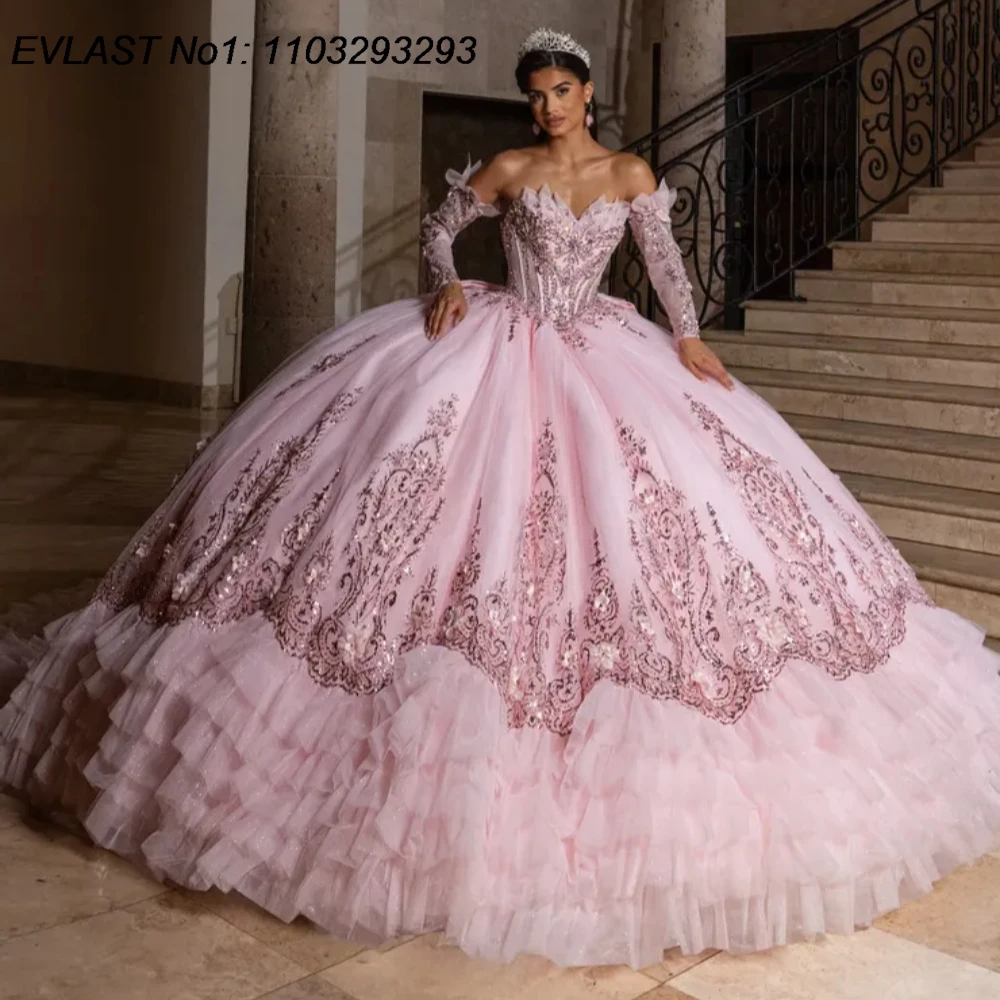 EVLAST 맞춤형 글리터 핑크 퀸세아네라 드레스 볼 가운 플로럴 아플리케 비딩 러플스 스위트 16 베스티도스 데 15 아뇨스 E1QN759