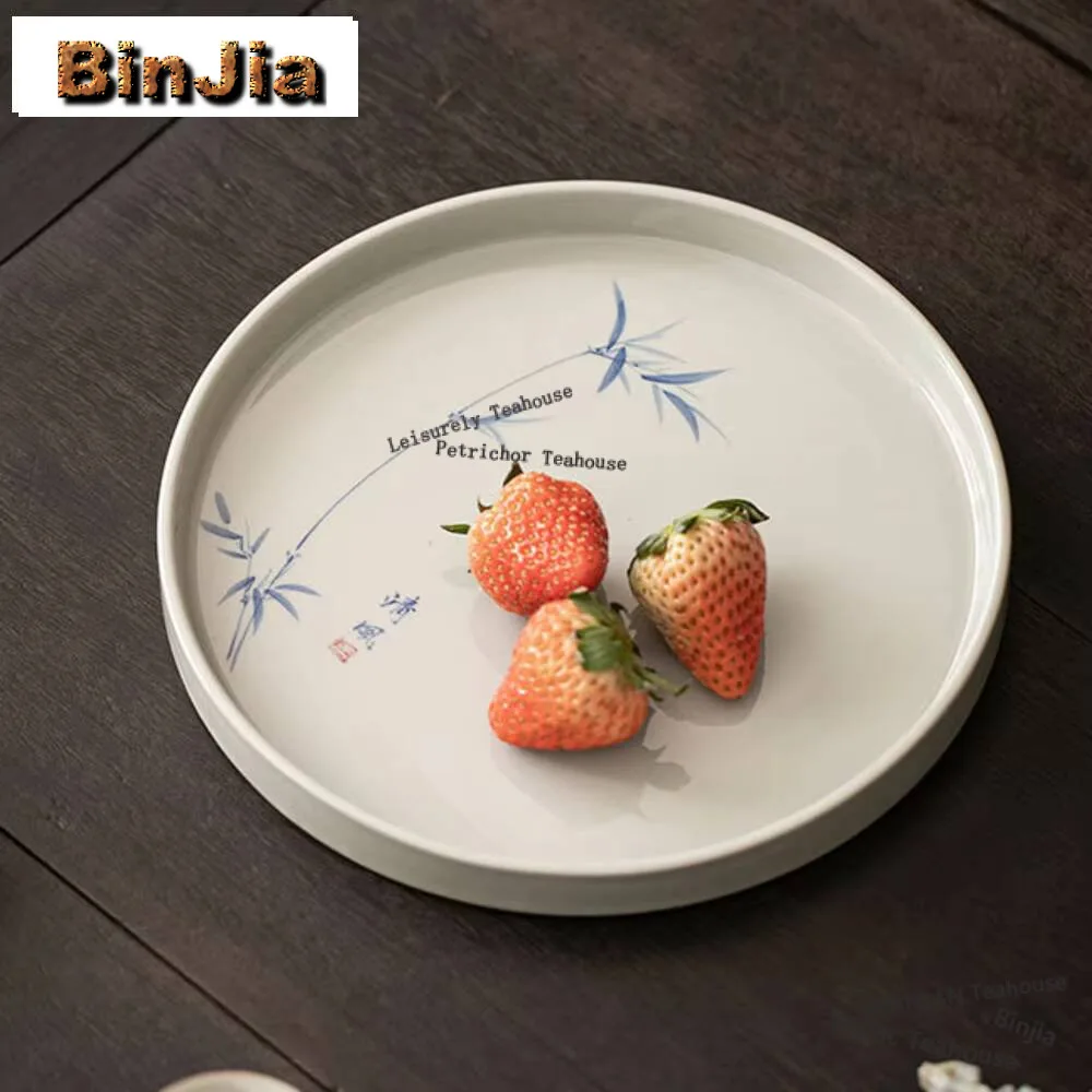 Hand-painted Bamboo Circular Ceramic Pot Bearing Holder Pot Base Dry Brew Table Tea Tray Fruit Snack Plate Tableware Decoration