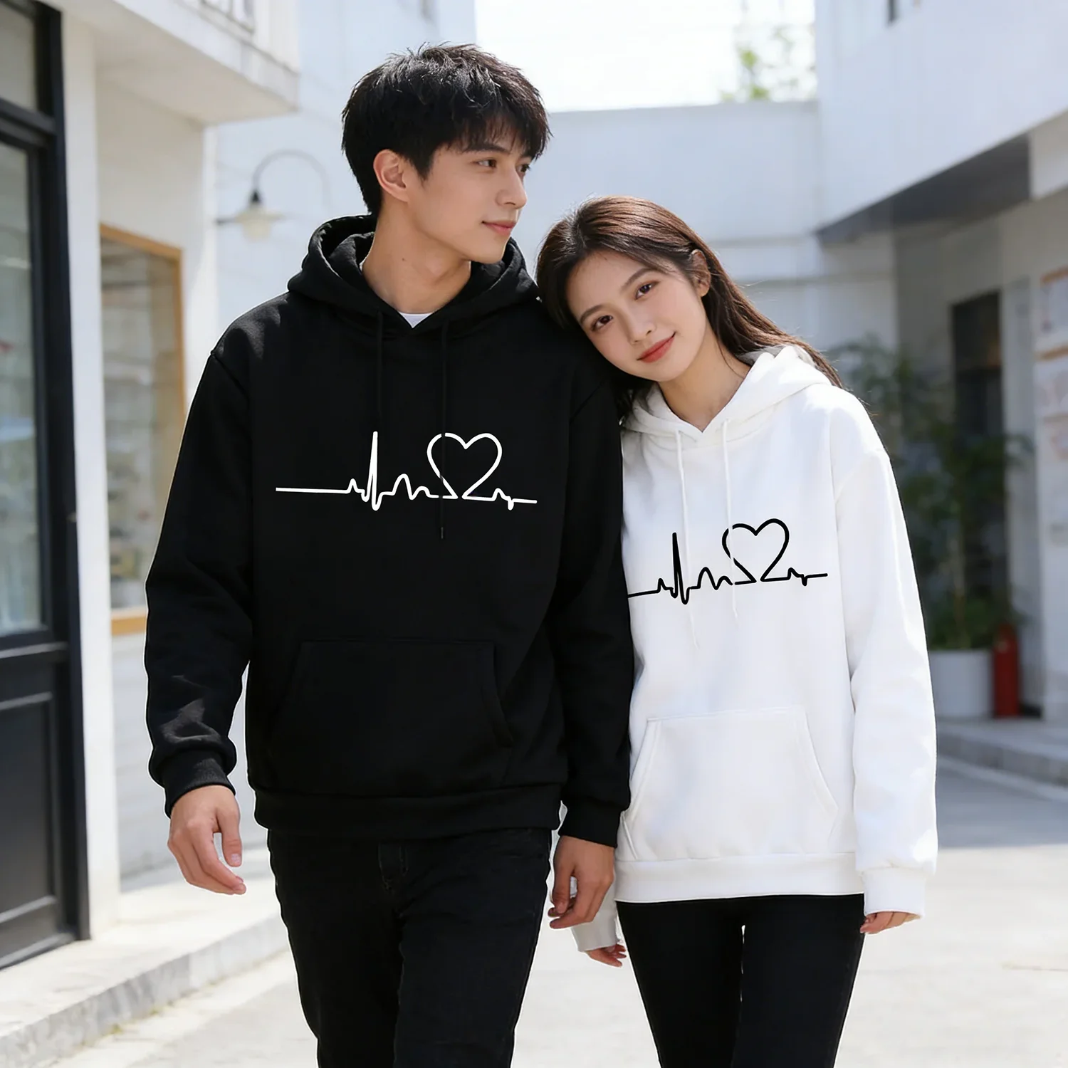 

Спортивная толстовка унисекс в уличном стиле с принтом «Сердцебиение» для осени и зимы, свободный крой, для пар