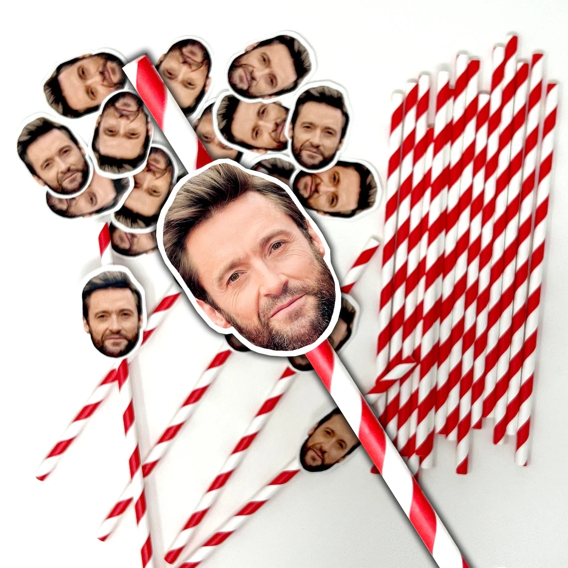 12 PCS Personalised Face Straws - custom cut-out photos faces, complete with straws and fixings for you to attach - fun for hen