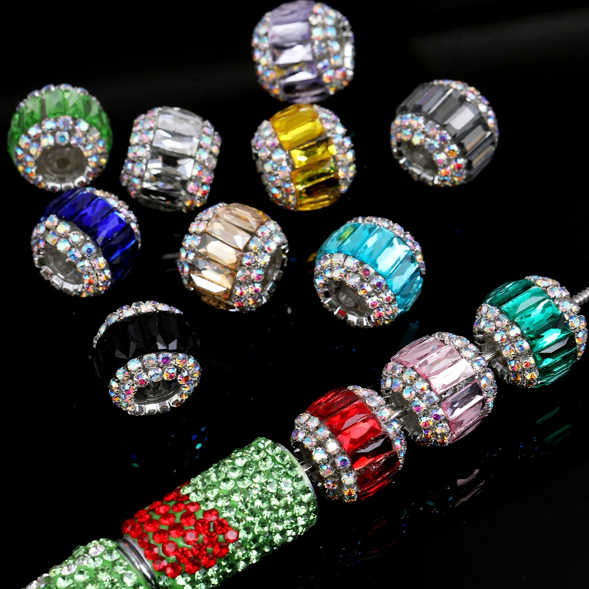 2pcs Random Color 17*14mm Rhinestone Barrel Acrylic Large Hole Beads DIY Bracelet Handmade Craft Supplies