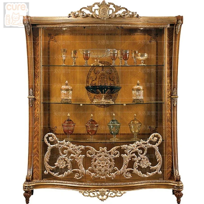 باب زجاجي أوروبي من الخشب الصلب المنحوت على شكل زهرة النبيذ القديم وخزانة حائط لغرفة المعيشة