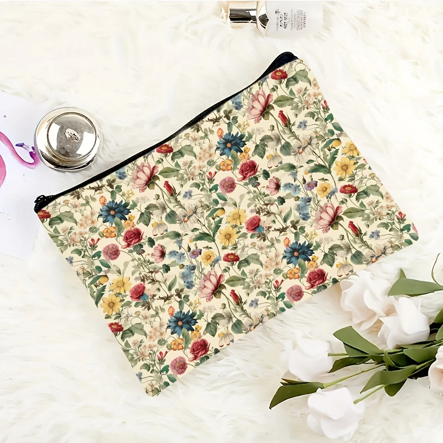 Retro Wildflower Floral Zipper Makeup Bag Retro Oil Painting Botanical Print Cosmetic Pouch Portable Ladies Travel Storage Purse