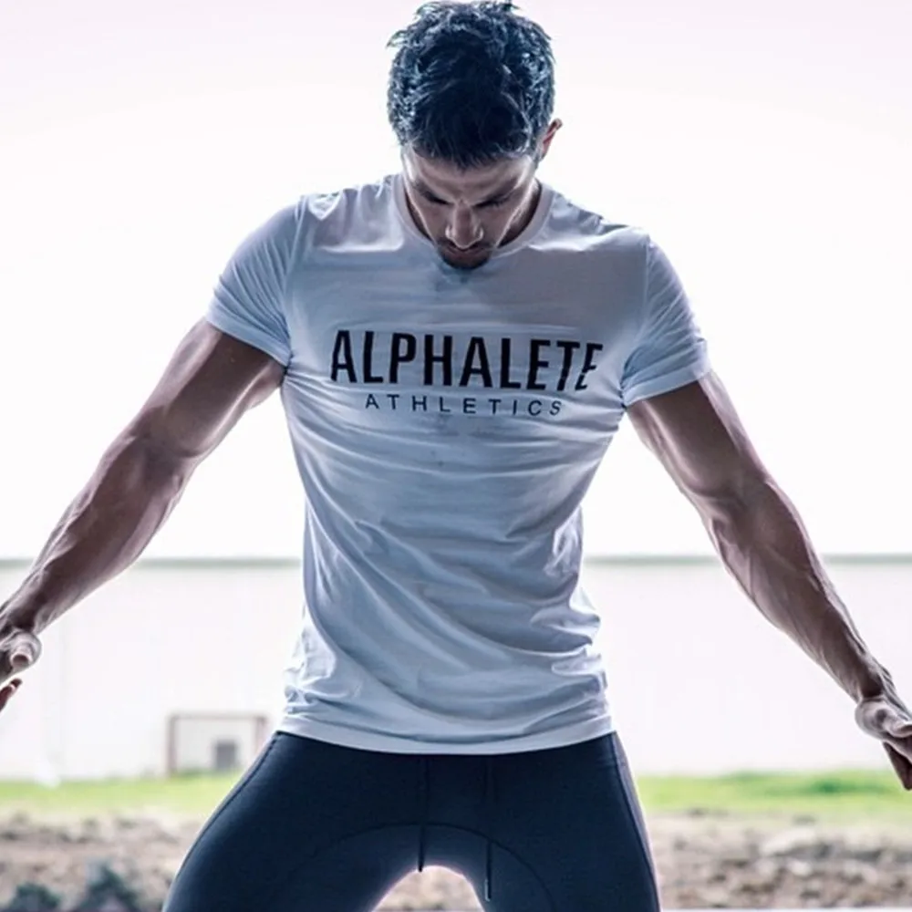 Men Running Sport Slim T-shirt Summer Cotton Black Tees Tops Gym Fitness Shirt Male Bodybuilding Short Sleeve Training Clothing