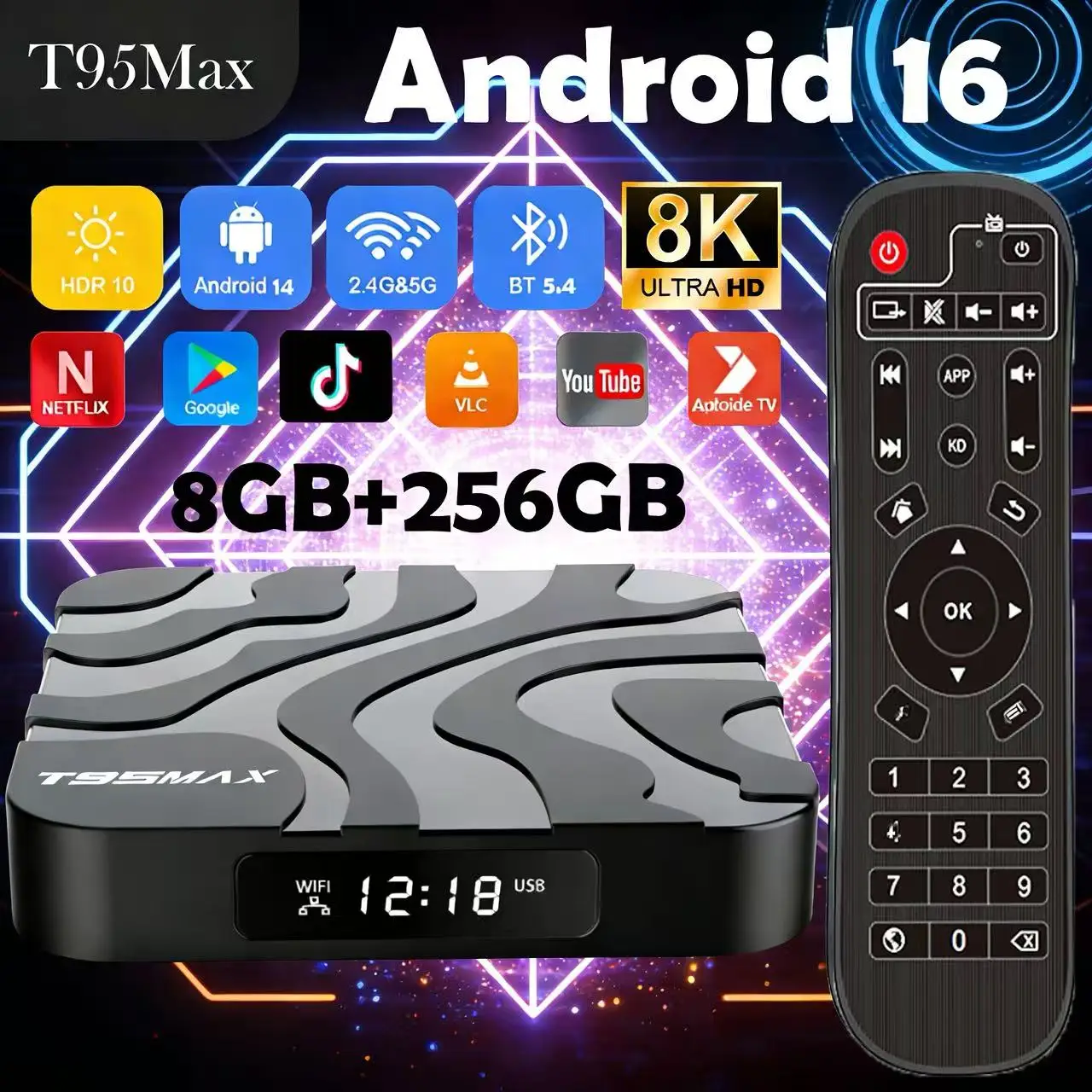 

ТВ-приставка T95Max Android 16 Smart TV Box 128 ГБ/256 ГБ Allwinner H618 с Google Assistant, поддержкой видео 8K, Bluetooth 5.4, медиаплеер, очень быстрая.