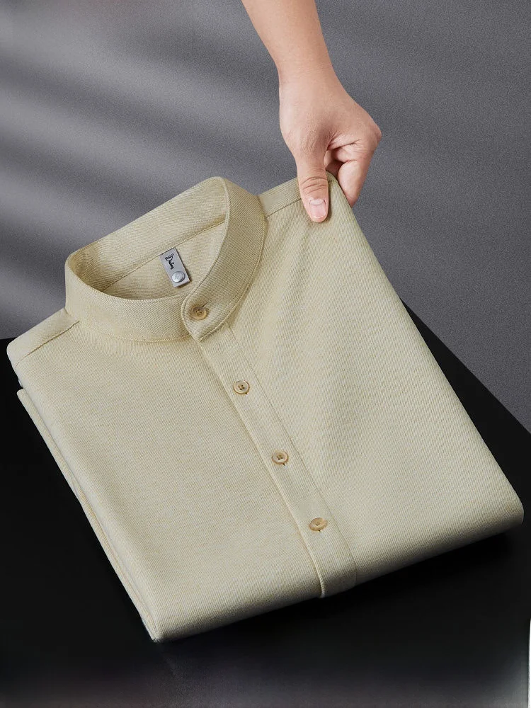 

High-End Winter Flannel Warm Zhongan Collar Men's Long Sve Casual Slim Fit Trendy Stand Collar Men's irt Youth Faion