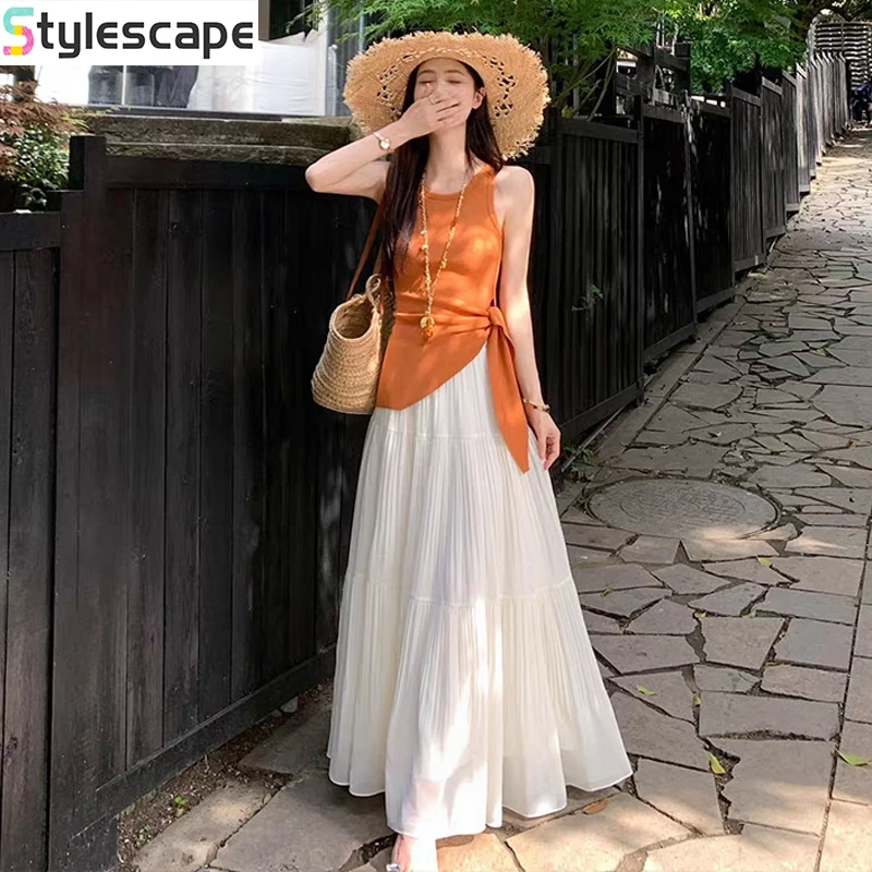 

Summer Temperament Round Neck Knitted Shirt Vest with Split Straps, High Waisted Pleated Skirt Two-piece Set Dress Sets