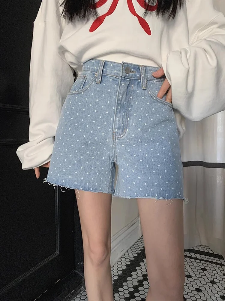

Retro Waed Polka Dot Denim orts Women's A-Line Wide Leg Pants High Waist Blue Jeans Spring Summer Faion Design