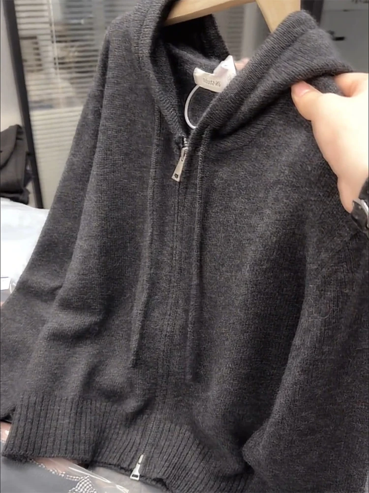 

Korean Sle Lazy Hat Zipper Knitted Open Cardigan Autumn Winter New Large Size Casual Loose Versatile Top Women's Faion