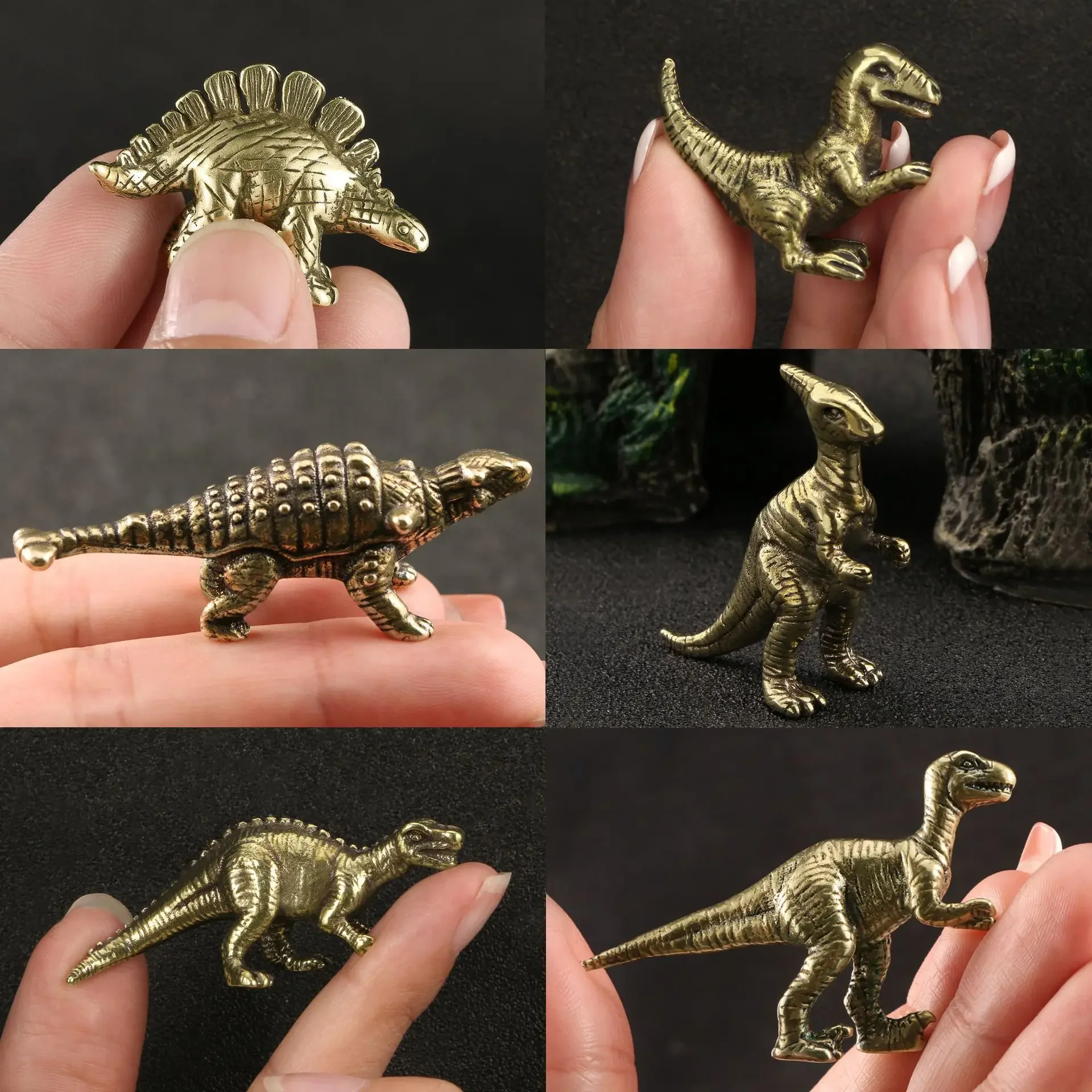 

6PCS Jurassic Dinosaur Set Brass Decorative Figurine Tyrannosaurus Rex Ankylosaur Spinosaurus Parasaurolophus Giant Beast Dragon