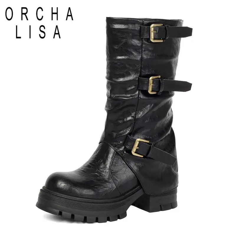 ORCHA LISA Half Booties Female Circular Front 6cm Thick Heel Height 3cm Raised Sole Belt Strap Clasps Oversized 41 42 43