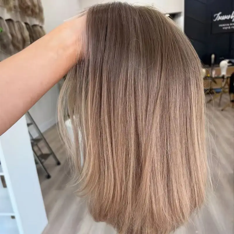 

Honey Warm Blonde Balayage Ombré Wig Highlights Premium Synthetic HD Lace Front Wig Short Straight Bob With Baby Hair For Women