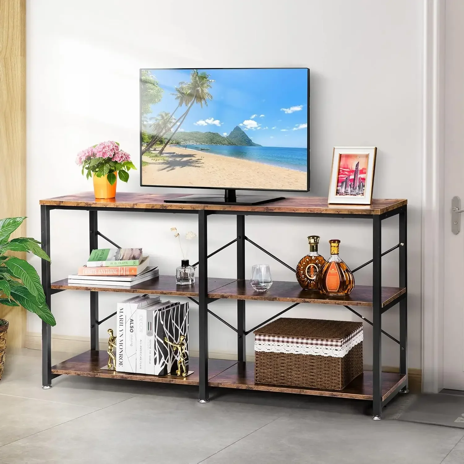 55 Inch Entryway Console Table, Narrow Industrial Sofa Table Behind Couch with 3-Tier Storage Shelves, Metal Frame