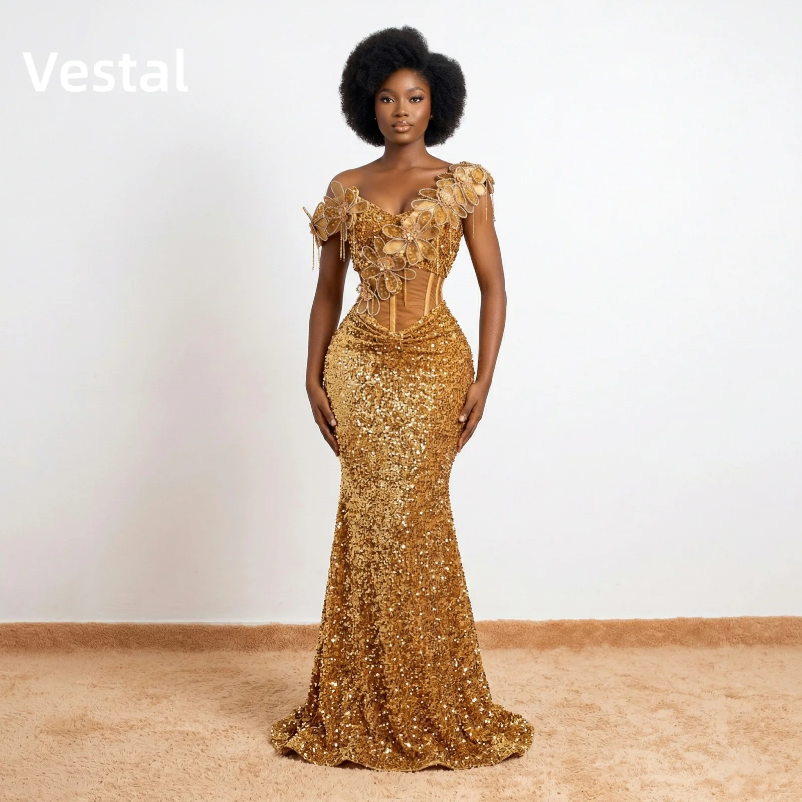 

One Shoulder Gold Sequin Prom Dress with 3D Floral Appliques, Sexy Mermaid Evening Gown Customized