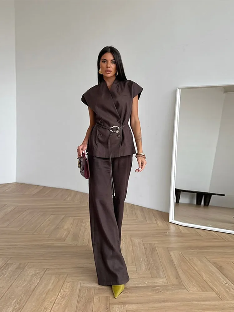 

Fashion Summer Women Pant Set Sleeveless Stand Collar Double Breasted Lace Up Female Vest And Wide Leg Pant 2026 Office Commute