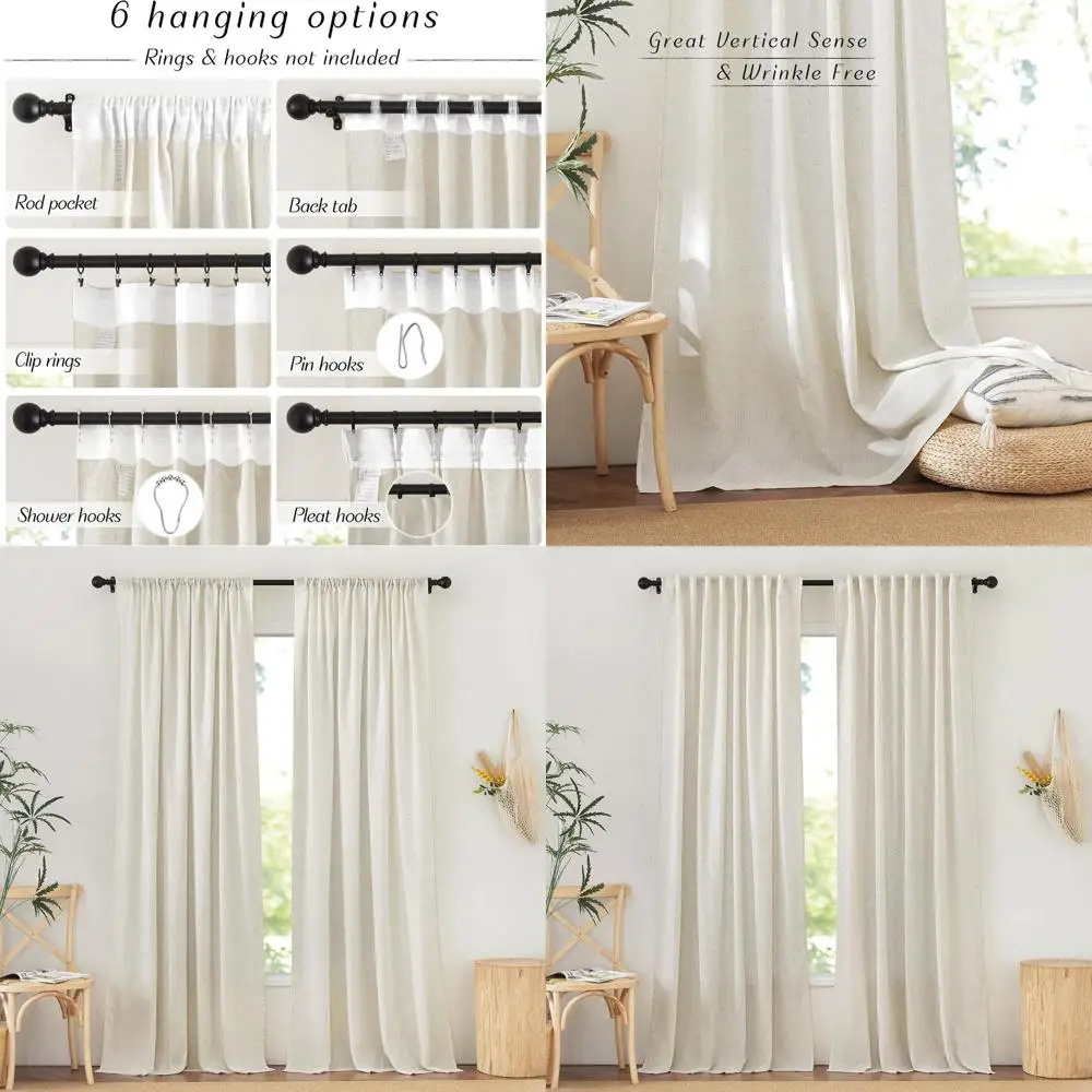120-Zoll-Leinenvorhänge mit Quetschfalte, Stangentasche und Rückenlasche für Privatsphäre und Lichtfilterung, 52 x 120, 2er-Set