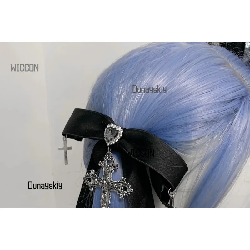 Gothic Lolita Twin-Tail Hair Clips  Dark Casual Dangerous Type Subculture Black Ribbon Cross Hairpins Japanese Street Halloween