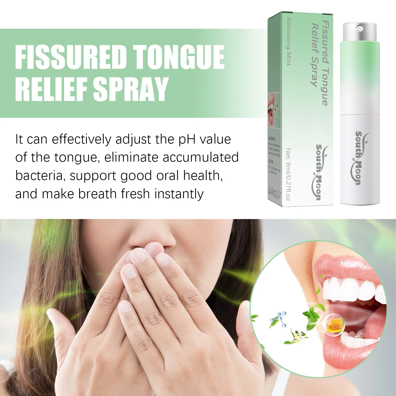 رذاذ طازج للعناية باللسان من ساوث مون، علاج منعش يدوم طويلاً، إزالة رائحة الفم الكريهة للبالغين، بخاخ محمول لعلاج الفم اليومي #4