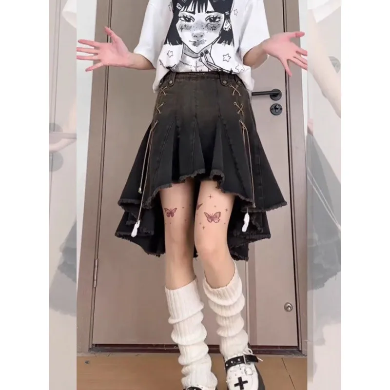 

Vintage Denim Skirts for Women Summer High Waist Asymmetric Mini Skirt Retro Y2K Streewear Hip Hop Rapper Skater Skirts Women