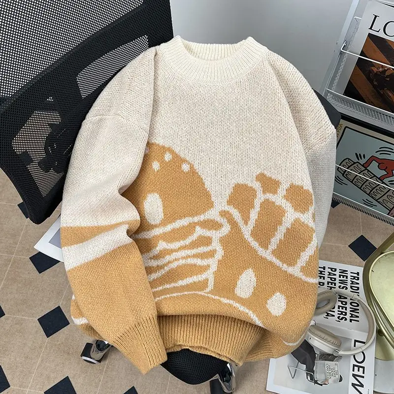 سترة محبوكة عصرية بياقة مستديرة وأكمام طويلة للشباب، أزياء الربيع على طراز هاراجوكو، تصميم كتل الألوان، قصة فضفاضة غير رسمية ...