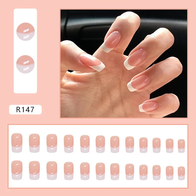 24Pcs French False Nails Almond Fake Nails with Glue Press on White Edge Design Wearable Simple Ins Pink Stiletto Nail Tips