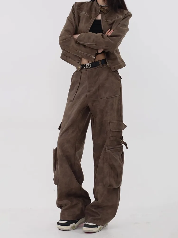 Americano retrò marrone pelle PU Jaet donna ort moto Sle Top Coat pendolarismo vestibilità ampia design lungo con cerniera Sve