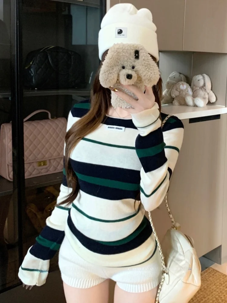 

Korean Style Casual Striped Color Block Long Sleeve Knitted Top Women's Inner Wear Base Layer Shirt Autumn Spring New Arrival