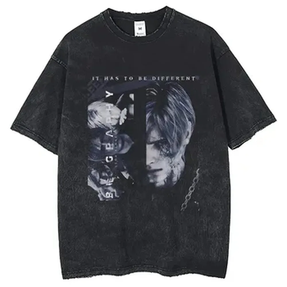 Game Leon S Kennedy Portrait Printed Short Sleeve T Shirt 2024 Harajuku Summer Vintage Wash Cotton Men's Loose Round Clothing